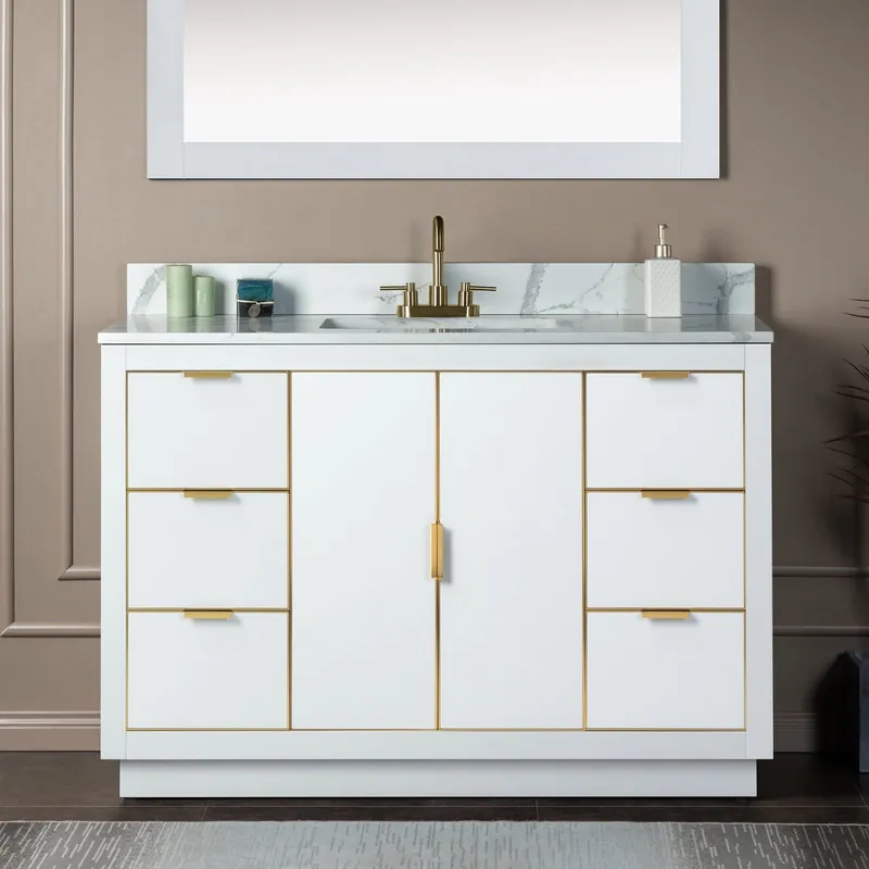 Handmade Woodbridge Venice 48" White and Gold Trim Solid Wood Vanity Base and Fish Belly White Engineered Stone Composite Top With 3 Pre-Drilled Holes for 4" Centerset Faucet