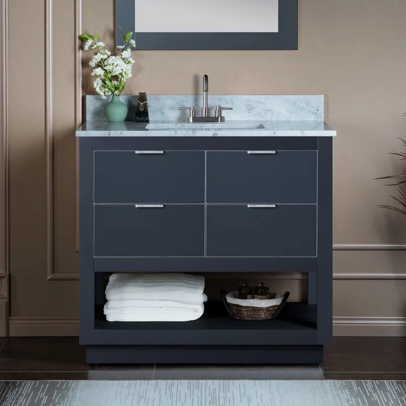 Price Drop Woodbridge Venice 43" Gray and Brushed Nickel Trim Solid Wood Vanity Base and Carrara Marble Top With 3 Pre-Drilled Holes for 4" Centerset Faucet