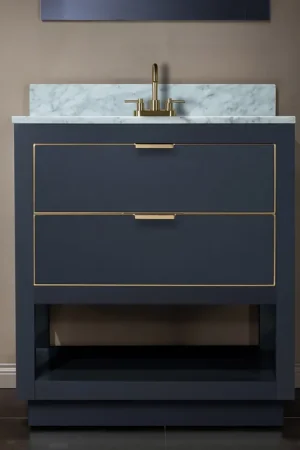Affordable Woodbridge Venice 31" Gray and Gold Trim Solid Wood Vanity Base and Carrara Marble Top With 3 Pre-Drilled Holes for 4" Centerset Faucet