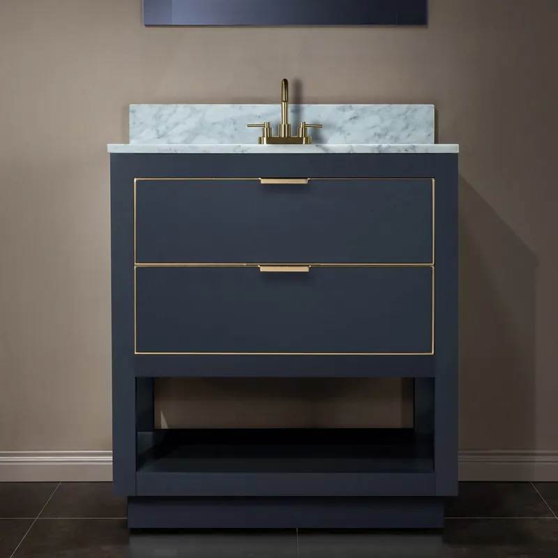 Affordable Woodbridge Venice 31" Gray and Gold Trim Solid Wood Vanity Base and Carrara Marble Top With 3 Pre-Drilled Holes for 4" Centerset Faucet