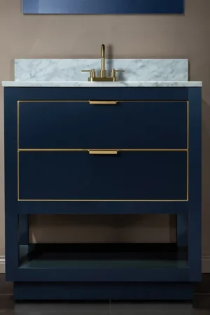 Big Sale Woodbridge Venice 31" Navy Blue and Gold Trim Solid Wood Vanity Base and Carrara Marble Top With 3 Pre-Drilled Holes for 4" Centerset Faucet