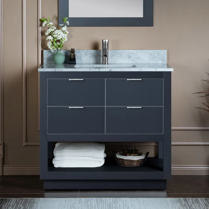 Free Shipping Woodbridge Venice 37" Gray and Brushed Nickel Trim Solid Wood Vanity Base and Carrara Marble Top With Pre-Drilled Single Hole Faucet