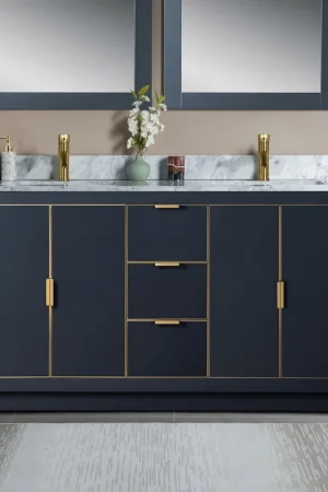 Woodbridge Venice 61" Gray and Gold Trim Solid Wood Vanity Base and Carrara Marble Top With Pre-Drilled Single Hole Faucet Low Price