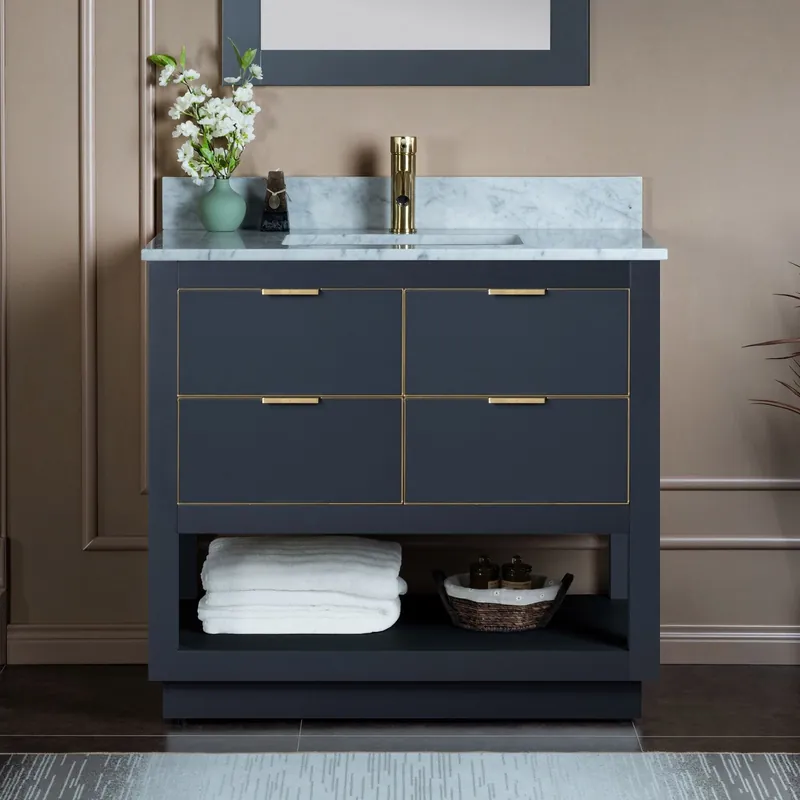 Woodbridge Venice 37" Gray and Gold Trim Solid Wood Vanity Base and Carrara Marble Top With Pre-Drilled Single Hole Faucet Certified