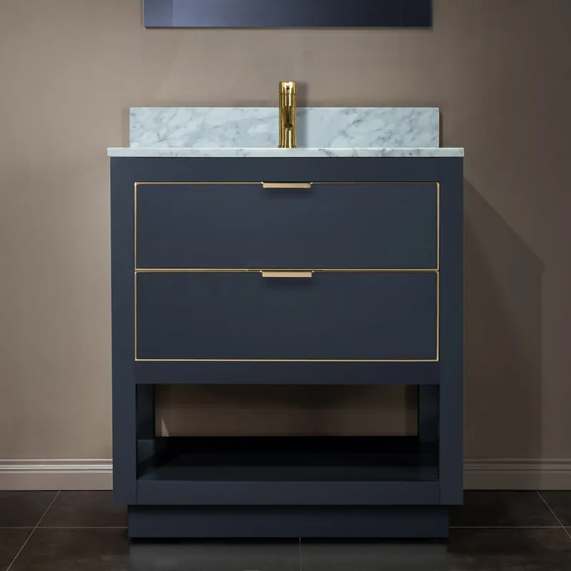Woodbridge Venice 31" Gray and Gold Trim Solid Wood Vanity Base and Carrara Marble Top With Pre-Drilled Single Hole Faucet Discount