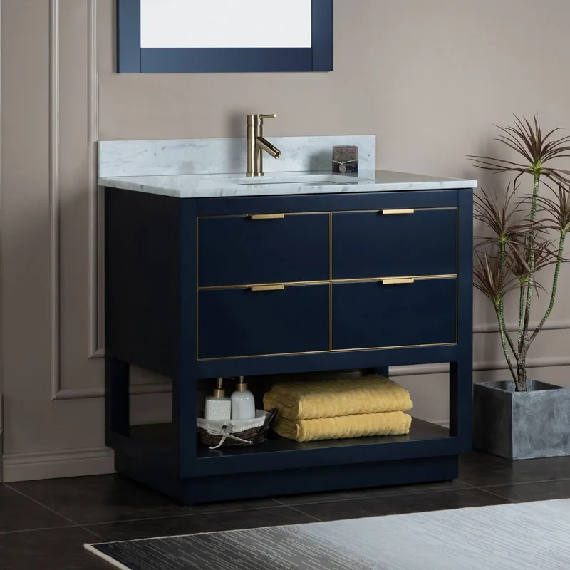 Woodbridge Venice 37" Navy Blue and Gold Trim Solid Wood Vanity Base and Carrara Marble Top With Pre-Drilled Single Hole Faucet While Supplies Last