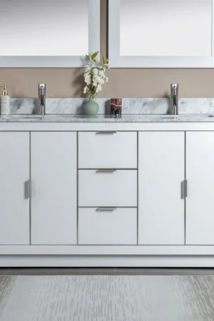 Woodbridge Venice 61" White and Brushed Nickel Trim Solid Wood Vanity Base and Carrara Marble Top With Pre-Drilled Single Hole Faucet Money Back Guarantee