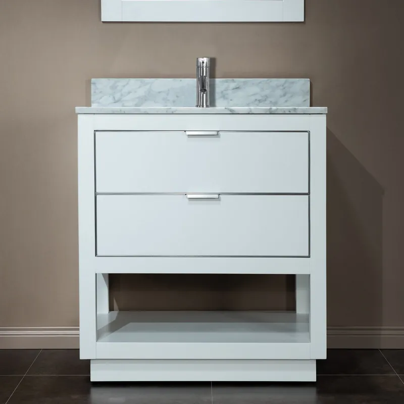 Woodbridge Venice 31" White and Brushed Nickel Trim Solid Wood Vanity Base and Carrara Marble Top With Pre-Drilled Single Hole Faucet Big Sale