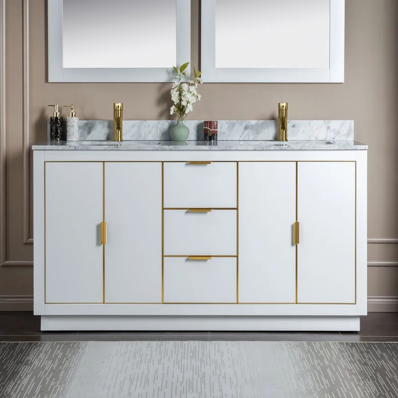 Limited Edition Woodbridge Venice 61" White and Gold Trim Solid Wood Vanity Base and Carrara Marble Top With Pre-Drilled Single Hole Faucet