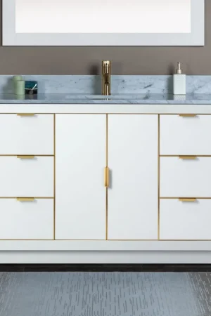 Woodbridge Venice 48" White and Gold Trim Solid Wood Vanity Base and Carrara Marble Top With Pre-Drilled Single Hole Faucet Order Now