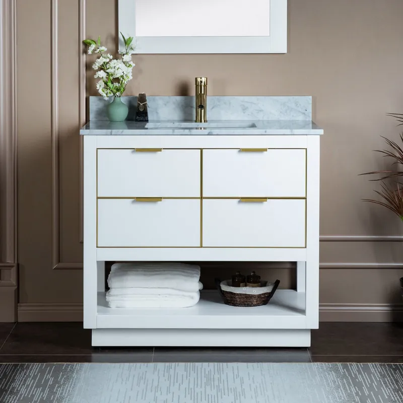 Woodbridge Venice 43" White and Gold Trim Solid Wood Vanity Base and Carrara Marble Top With Pre-Drilled Single Hole Faucet Brand New