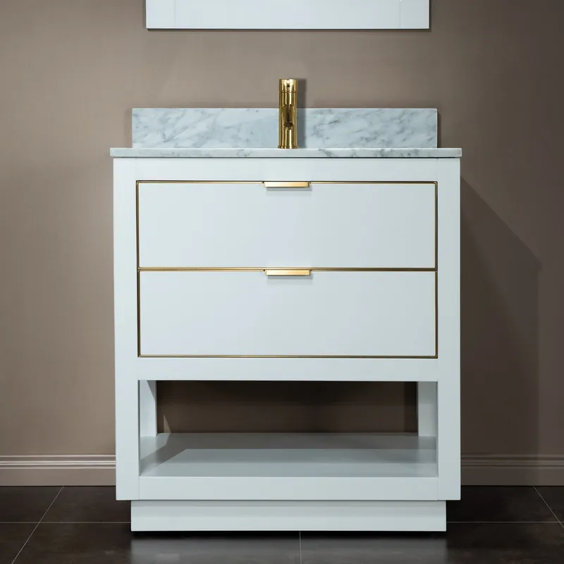 Woodbridge Venice 31" White and Gold Trim Solid Wood Vanity Base and Carrara Marble Top With Pre-Drilled Single Hole Faucet Buy Online