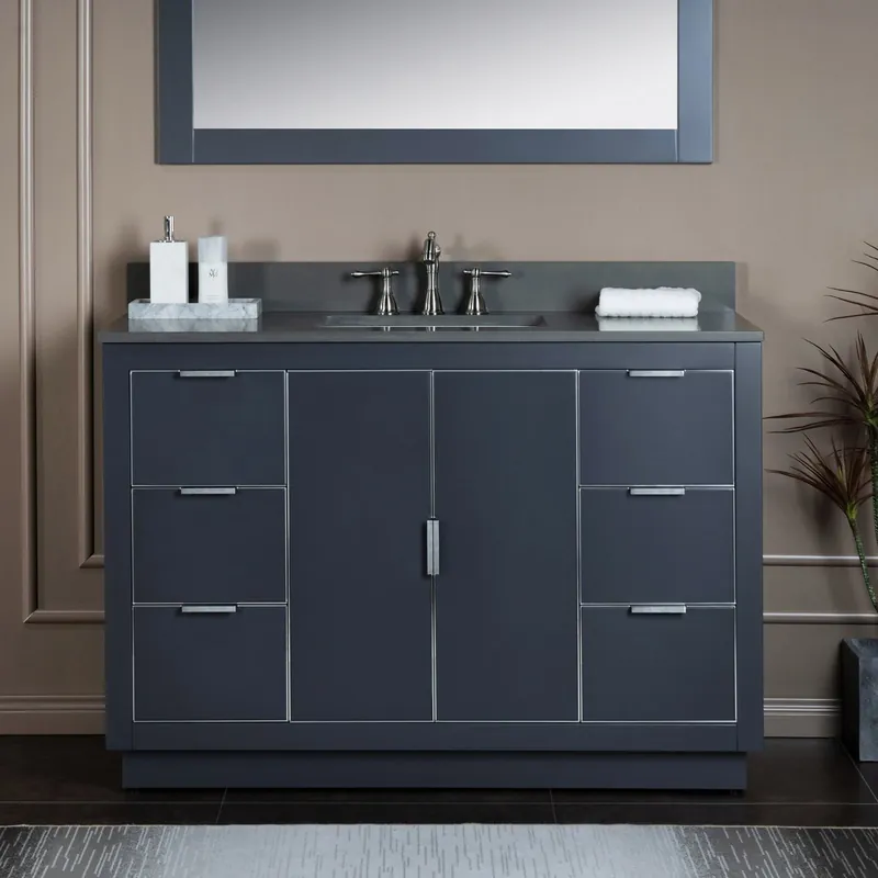 Woodbridge Venice 48" Gray and Brushed Nickel Trim Solid Wood Vanity Base and Dark Gray Engineered Stone Composite Top With 3 Pre-drilled Holes for 8" Widespread Faucet Trending