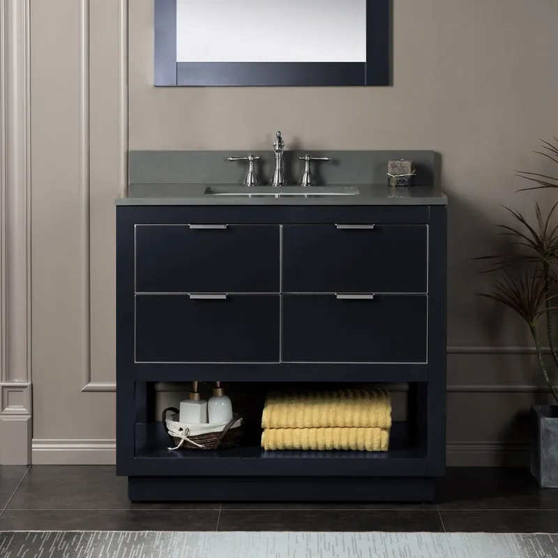 Latest Woodbridge Venice 43" Gray and Brushed Nickel Trim Solid Wood Vanity Base and Dark Gray Engineered Stone Composite Top With 3 Pre-drilled Holes for 8" Widespread Faucet