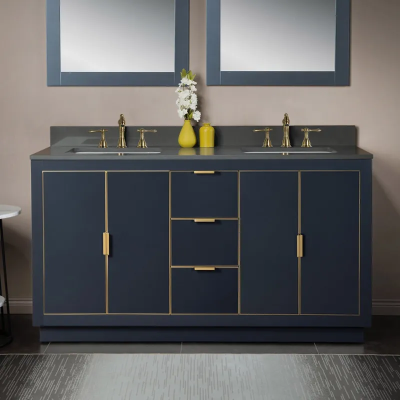 Time-Limited Woodbridge Venice 61" Gray and Gold Trim Solid Wood Vanity Base and Dark Gray Engineered Stone Composite Top With 3 Pre-drilled Holes for 8" Widespread Faucet