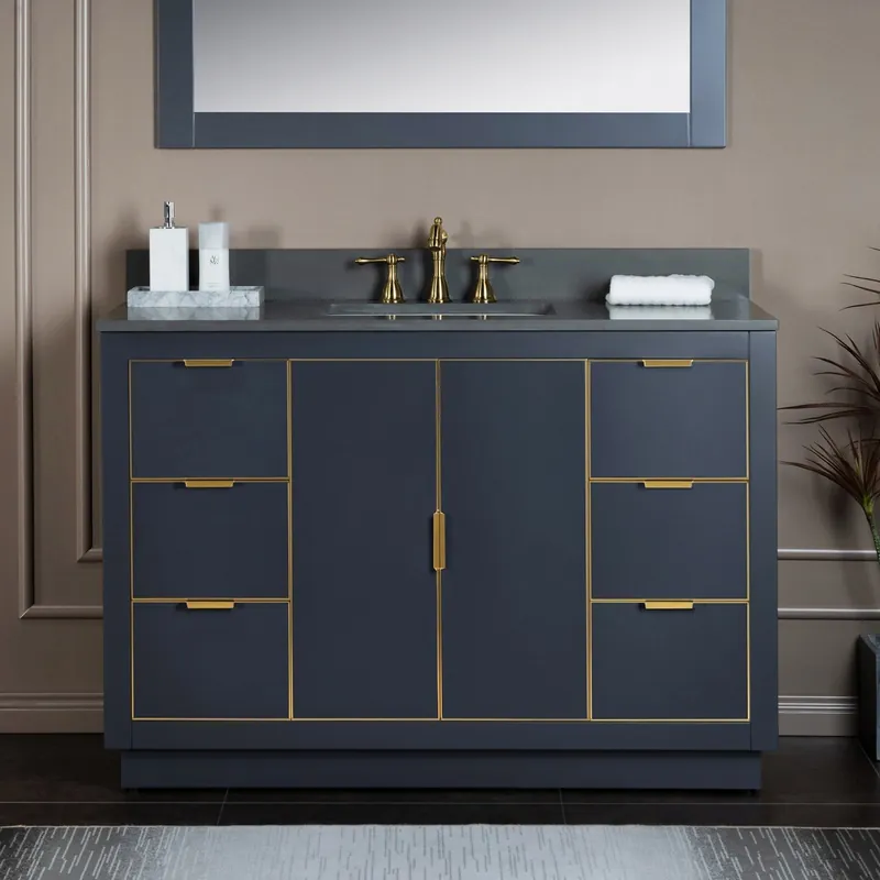 Next Day Delivery Woodbridge Venice 48" Gray and Gold Trim Solid Wood Vanity Base and Dark Gray Engineered Stone Composite Top With 3 Pre-drilled Holes for 8" Widespread Faucet