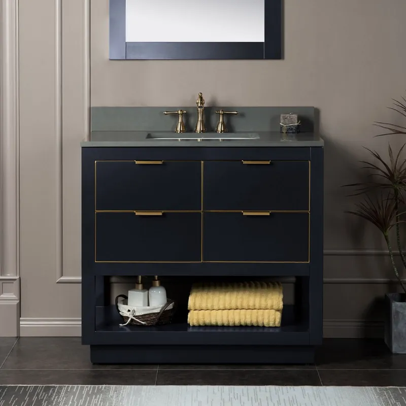 Woodbridge Venice 37" Gray and Gold Trim Solid Wood Vanity Base and Dark Gray Engineered Stone Composite Top With 3 Pre-drilled Holes for 8" Widespread Faucet Markdown