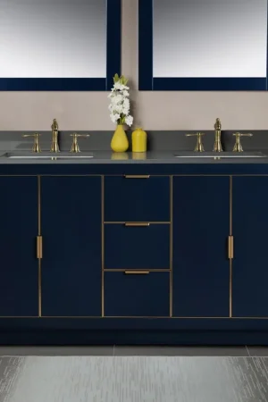 Woodbridge Venice 61" Navy Blue and Gold Trim Solid Wood Vanity Base and Dark Gray Engineered Stone Composite Top With 3 Pre-drilled Holes for 8" Widespread Faucet Weekend Sale