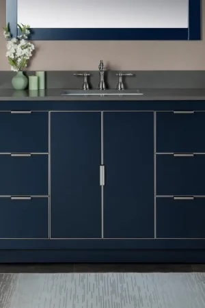 Woodbridge Venice 48" Navy Blue and Gold Trim Solid Wood Vanity Base and Dark Gray Engineered Stone Composite Top With 3 Pre-drilled Holes for 8" Widespread Faucet Special Offer
