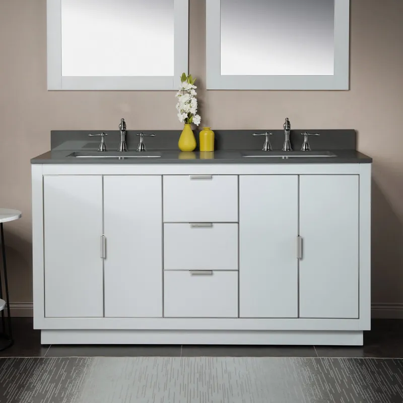 Place Order Woodbridge Venice 61" White and Brushed Nickel Trim Solid Wood Vanity Base and Dark Gray Engineered Stone Composite Top With 3 Pre-drilled Holes for 8" Widespread Faucet