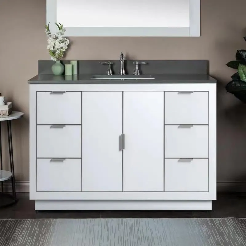 Best Seller Woodbridge Venice 48" White and Brushed Nickel Trim Solid Wood Vanity Base and Dark Gray Engineered Stone Composite Top With 3 Pre-drilled Holes for 8" Widespread Faucet