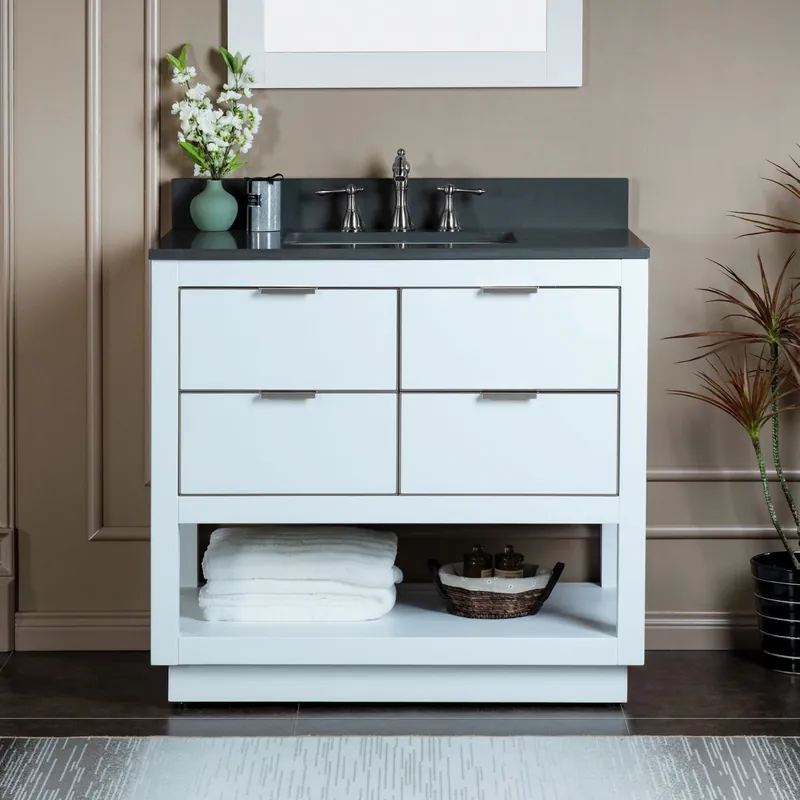 Exclusive Offer Woodbridge Venice 43" White and Brushed Nickel Trim Solid Wood Vanity Base and Dark Gray Engineered Stone Composite Top With 3 Pre-drilled Holes for 8" Widespread Faucet