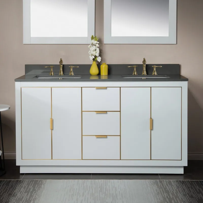 Latest Woodbridge Venice 61" White and Gold Trim Solid Wood Vanity Base and Dark Gray Engineered Stone Top With 3 Pre-drilled Holes for 8" Widespread Faucet