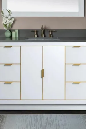 Woodbridge Venice 48" White and Gold Trim Solid Wood Vanity Base and Dark Gray Engineered Stone Composite Top With 3 Pre-drilled Holes for 8" Widespread Faucet Hot Deal