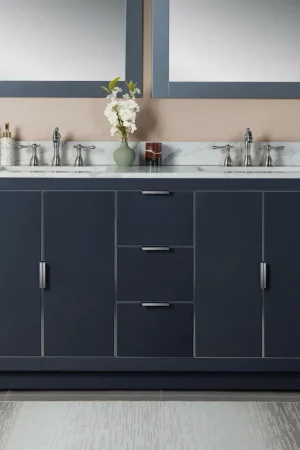 Woodbridge Venice 61" Gray and Brushed Nickel Trim Solid Wood Vanity Base and Fish Belly White Engineered Stone Composite Top With 3 Pre-drilled Holes for 8" Widespread Faucet Markdown