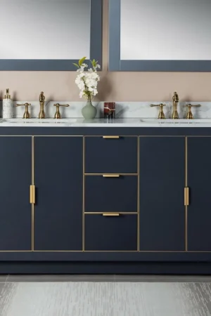 Woodbridge Venice 61" Gray and Gold Trim Solid Wood Vanity Base and Fish Belly White Engineered Stone Composite Top With 3 Pre-drilled Holes for 8" Widespread Faucet Shop Now