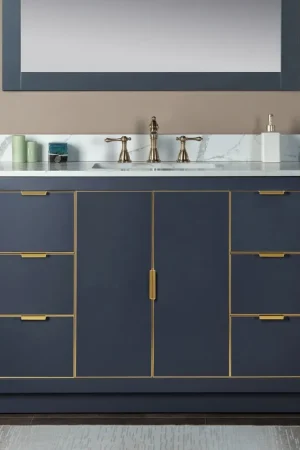 Woodbridge Venice 48" Gray and Gold Trim Solid Wood Vanity Base and Fish Belly White Engineered Stone Composite Top With 3 Pre-drilled Holes for 8" Widespread Faucet Price Cut