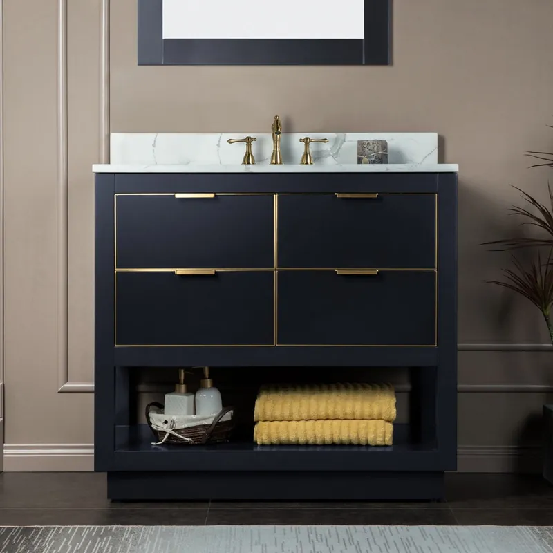 Trending Woodbridge Venice 37" Gray With Gold Trim Solid Wood Vanity Base and Fish Belly White Engineered Stone Composite Top With 3 Pre-drilled Holes for 8" Widespread Faucet