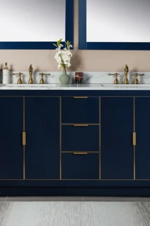 Woodbridge Venice 61" Navy Blue and Gold Trim Solid Wood Vanity Base and Fish Belly White Engineered Stone Composite Top With 3 Pre-drilled Holes for 8" Widespread Faucet Clearance