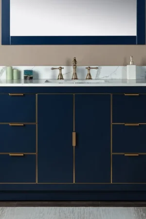 Woodbridge Venice 48" Navy Blue With Gold Trim Solid Wood Vanity Base and Fish Belly White Engineered Stone Composite Top With 3 Pre-drilled Holes for 8" Widespread Faucet One Day Deal