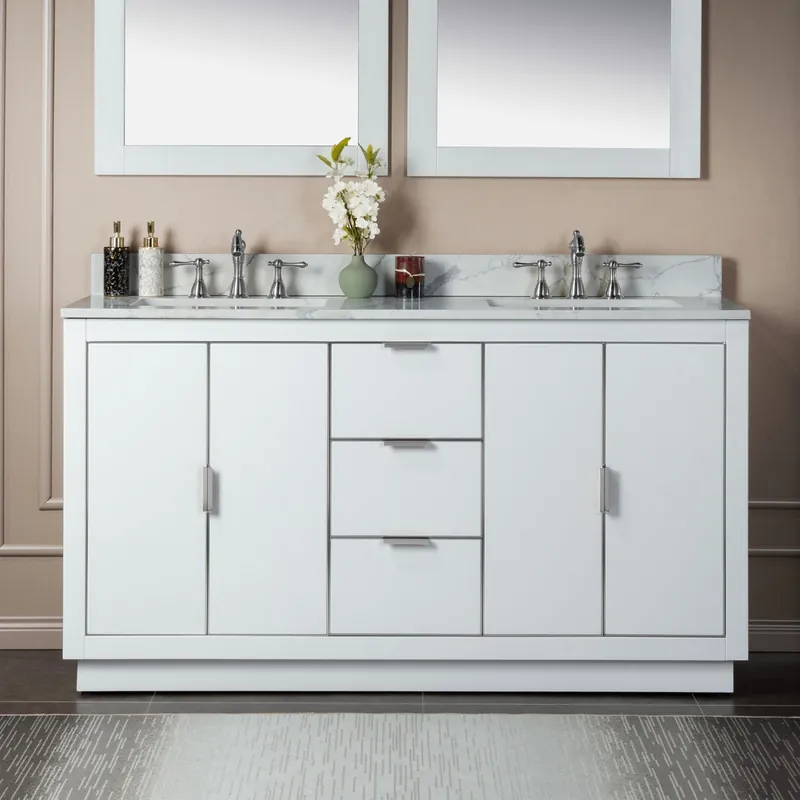 Top Rated Woodbridge Venice 61" White and Brushed Nickel Trim Solid Wood Vanity Base and Fish Belly White Engineered Stone Composite Top With 3 Pre-drilled Holes for 8" Widespread Faucet