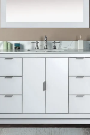 Affordable Woodbridge Venice 48" White and Brushed Nickel Trim Solid Wood Vanity Base and Fish Belly White Engineered Stone Composite Top With 3 Pre-drilled Holes for 8" Widespread Faucet