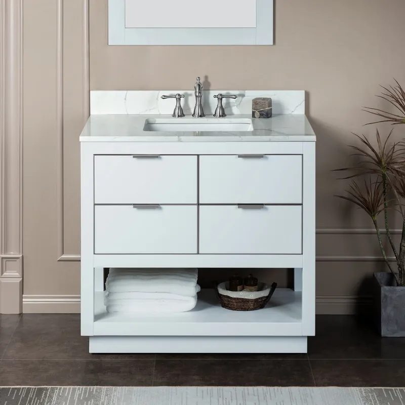 Bargain Woodbridge Venice 37" White and Brushed Nickel Trim Solid Wood Vanity Base and Fish Belly White Engineered Stone Composite Top With 3 Pre-drilled Holes for 8" Widespread Faucet