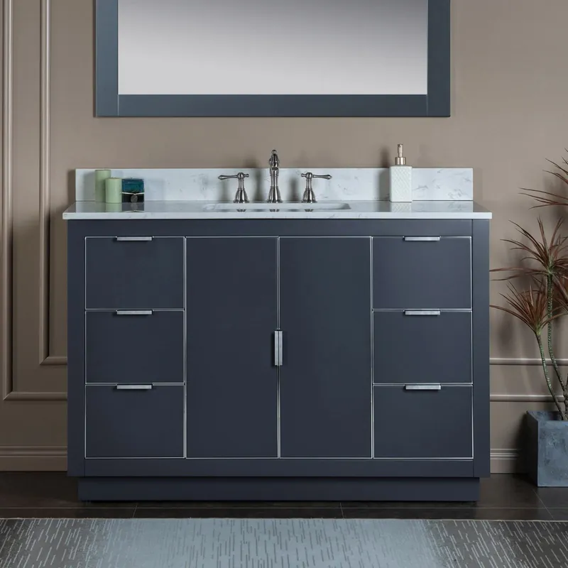 Exclusive Woodbridge Venice 48" Gray and Brushed Nickel Trim Solid Wood Vanity Base and Carrara White Engineered Stone Top With 3 Pre-drilled Holes for 8" Widespread Faucet