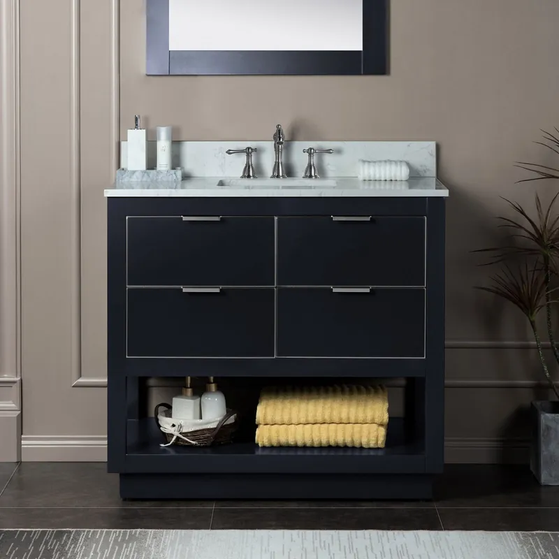 Sale Woodbridge Venice 43" Gray and Brushed Nickel Trim Solid Wood Vanity Base and Carrara White Engineered Stone Top With 3 Pre-drilled Holes for 8" Widespread Faucet