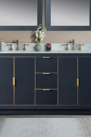 Woodbridge Venice 61" Gray and Gold Trim Solid Wood Vanity Base and Carrara White Engineered Stone Top With 3 Pre-drilled Holes for 8" Widespread Faucet Affordable