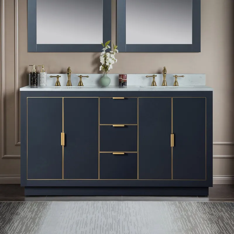 Woodbridge Venice 61" Gray and Gold Trim Solid Wood Vanity Base and Carrara White Engineered Stone Top With 3 Pre-drilled Holes for 8" Widespread Faucet Affordable