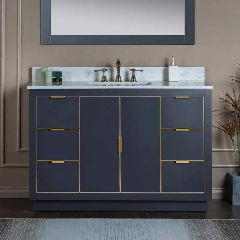 Buy Direct Woodbridge Venice 48" Gray and Gold Trim Solid Wood Vanity Base and Carrara White Engineered Stone Top With 3 Pre-drilled Holes for 8" Widespread Faucet
