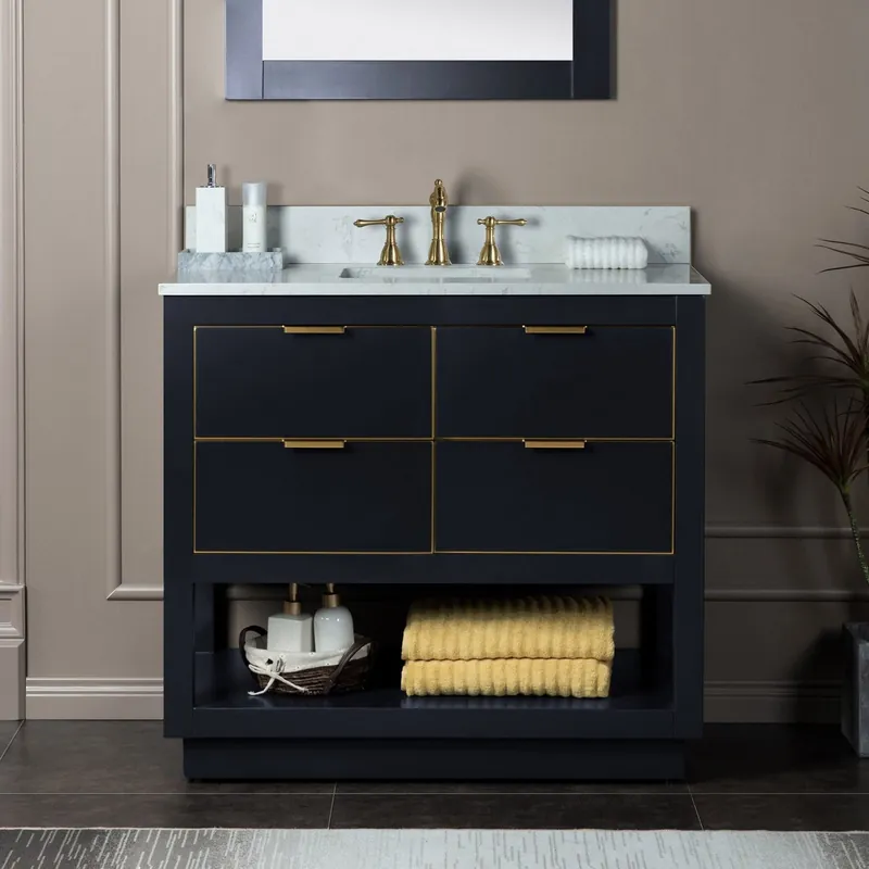 Seasonal Sale Woodbridge Venice 37" Gray and Gold Trim Solid Wood Vanity Base and Carrara White Engineered Stone Top With 3 Pre-drilled Holes for 8" Widespread Faucet