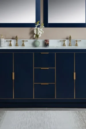Woodbridge Venice 61" Navy Blue and Gold Trim Solid Wood Vanity Base and Carrara White Engineered Stone Top With 3 Pre-drilled Holes for 8" Widespread Faucet Hot Picks