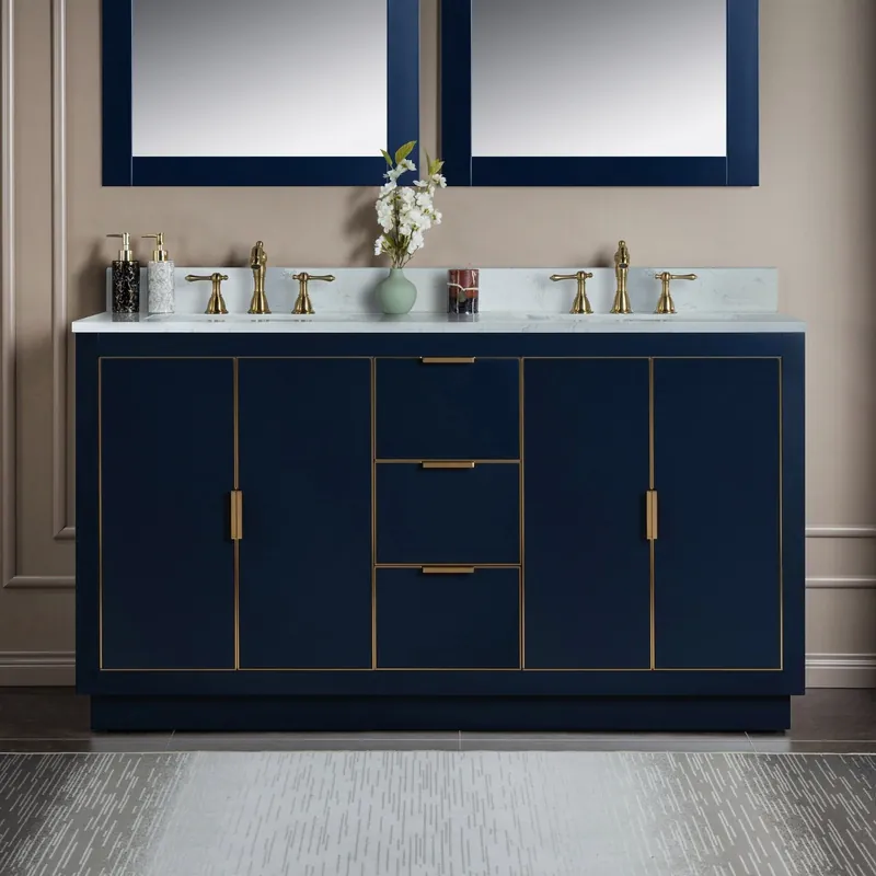 Woodbridge Venice 61" Navy Blue and Gold Trim Solid Wood Vanity Base and Carrara White Engineered Stone Top With 3 Pre-drilled Holes for 8" Widespread Faucet Hot Picks
