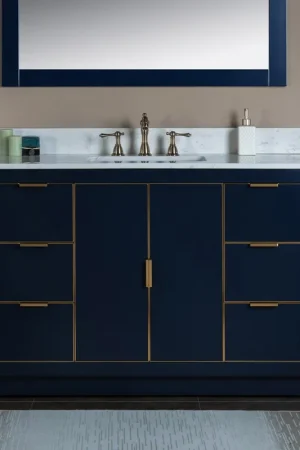 Woodbridge Venice 48" Navy Blue and Gold Trim Solid Wood Vanity Base and Carrara White Engineered Stone Top With 3 Pre-drilled Holes for 8" Widespread Faucet Final Sale