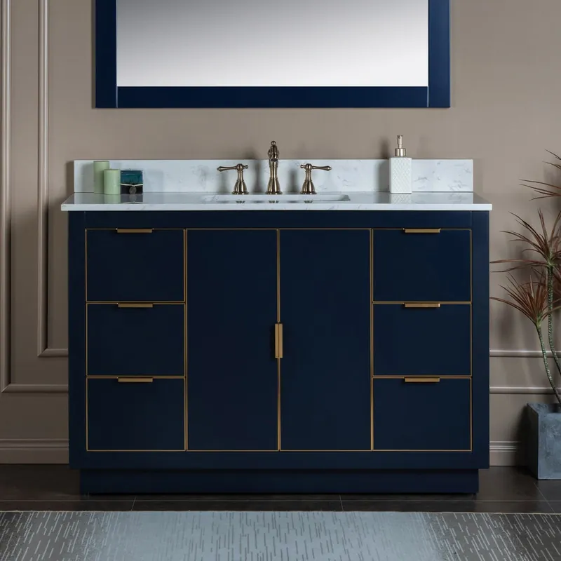 Woodbridge Venice 48" Navy Blue and Gold Trim Solid Wood Vanity Base and Carrara White Engineered Stone Top With 3 Pre-drilled Holes for 8" Widespread Faucet Final Sale