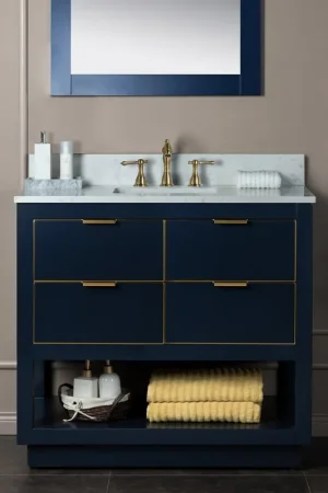 Budget Woodbridge Venice 37" Navy Blue and Gold Trim Solid Wood Vanity Base and Carrara White Engineered Stone Top With 3 Pre-drilled Holes for 8" Widespread Faucet