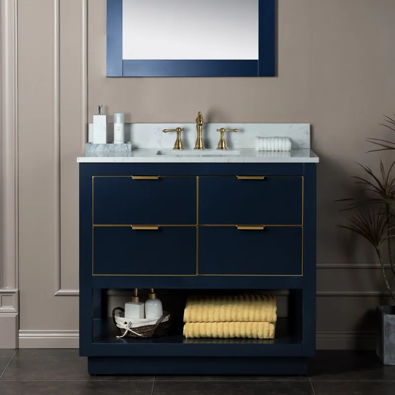 Budget Woodbridge Venice 37" Navy Blue and Gold Trim Solid Wood Vanity Base and Carrara White Engineered Stone Top With 3 Pre-drilled Holes for 8" Widespread Faucet