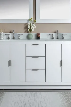 Woodbridge Venice 61" White and Brushed Nickel Trim Solid Wood Vanity Base and Carrara White Engineered Stone Top With 3 Pre-drilled Holes for 8" Widespread Faucet Time-Limited